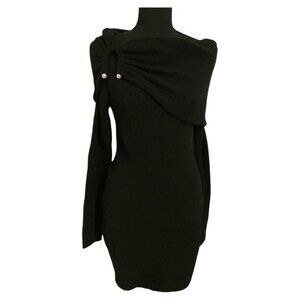 Zara Draped Knit Mini Small Black Dress With Metal Appliqué Off The Shoulder Hot